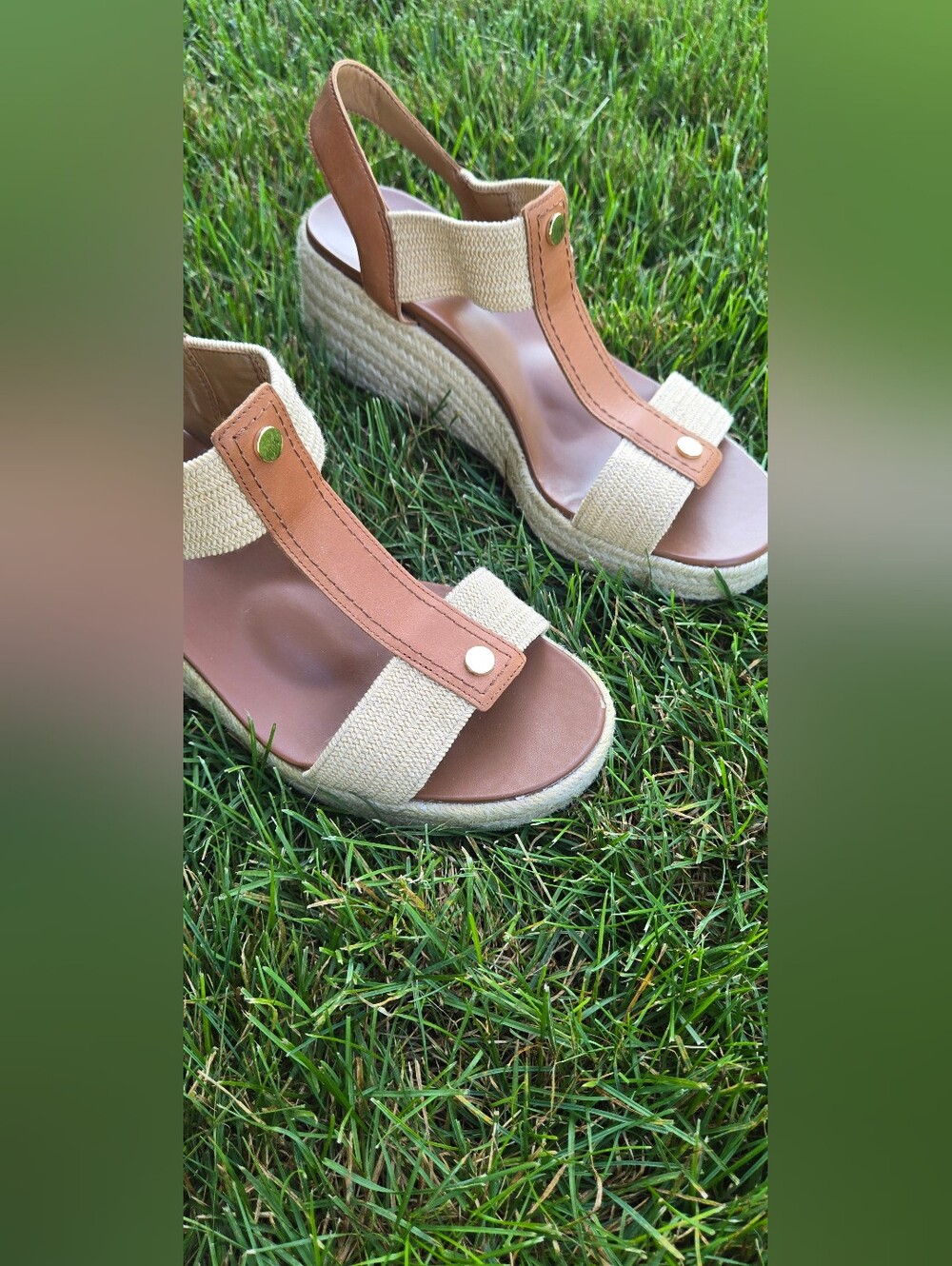 Vionic Calera Brown and Beige T-Strap Slingback Wedge Sandals!